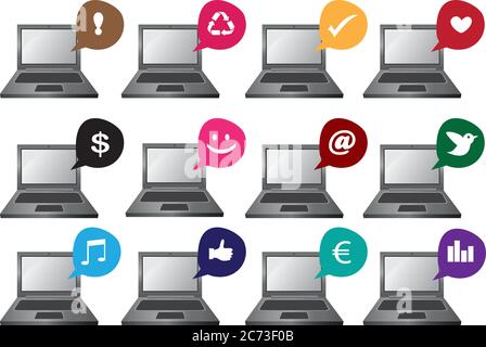 Vector illustration of laptops with different functions in speech balloons. Computer Icon Set. Stock Vector