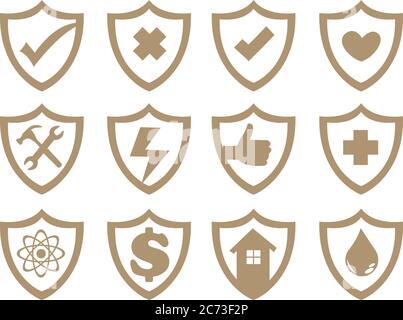 Vector graphic illustration of conceptual symbols in shield shape frame isolated on white background. Stock Vector