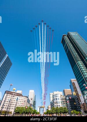 Paris, France - July 14, 2009 : French patrol flying above La Defense business district for the french national day Stock Photo