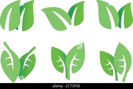 Set of six designs of double green leaves vector icons isolated on white background Stock Vector