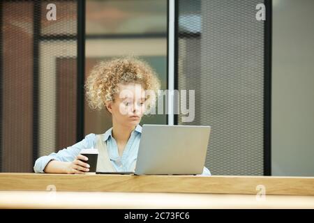 Young businesswoman with curly hair sitting at the table drinking coffee and using laptop computer Stock Photo