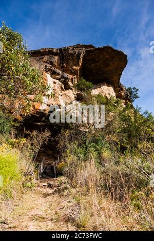 Drakensberg, distant view of 'Main cave' rock art site, Giants Castle Game Reserve, Uthukela District, KwaZulu-Natal Province, South Africa, Africa Stock Photo