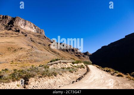 Drakensberg, Sani Pass Road, and view of mountains and Lesotho, Mkhomazi Wilderness area, KwaZulu-Natal, South Africa, Africa Stock Photo