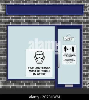 Face coverings to be worn in store sign in shop window following new government guidelines to combat the spread of COVID 19 Stock Photo
