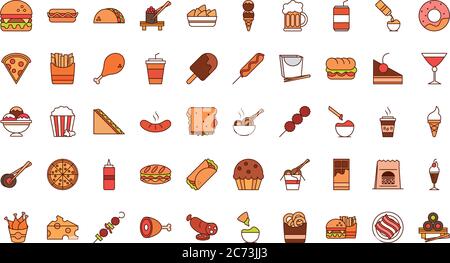 fast food dinner and menu, tasty meal and unhealthy, restaurant lunch icons set vector illustration line and fill style Stock Vector