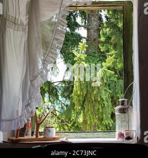 View from the open window on forest landscape Stock Photo