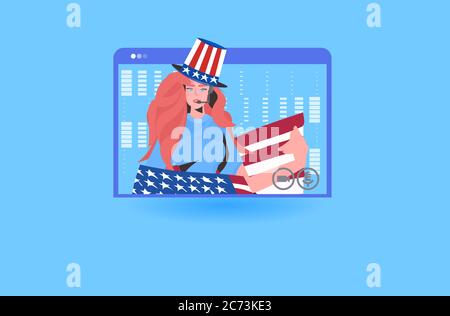 woman with usa flag making speech during video call 4th of july independence day celebration concept girl in web browser window portrait vector illustration Stock Vector