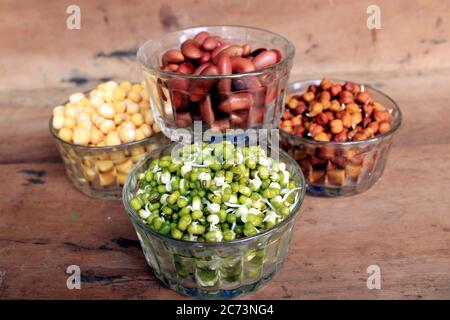 Collection of legumes (chickpeas, green peas, green mung beans, Red Kidney, Dry peas)in different bowls isolated on wooden background. Stock Photo