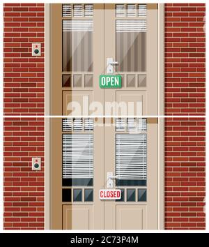 Shop door with windows and window blind. Wooden house door with chrome handle, doorbell and open closed sign placard. Concept of invitation to enter or new opportunity. Flat vector illustration Stock Vector