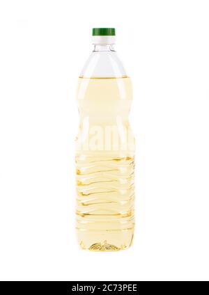 Sunflower oil in plastic bottle isolated on a white background. Copy space. Close Up. Stock Photo