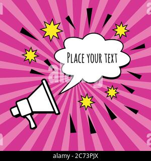 Megaphone loud hailer with cloud shape speech bubble and place for text, Banner with loudspeaker and comic burst with pink rays on cartoon pop art Stock Vector
