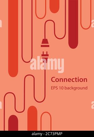 Connection energy or power concept technology design with red electric socket, plug, curved wires or cable on orange background, copy space text Stock Vector