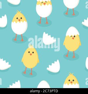 Easter seamless pattern with cute little yellow chicks in cracked eggs and egg shell on blue green background. Vector design for kids fabric Stock Vector