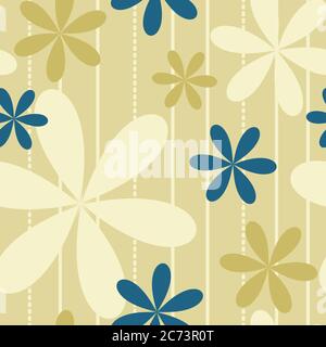 Seamless decorative vintage floral pattern with stripes and blue, golden yellow stylized flowers. For fabric, wallpaper, wrapping paper, pattern fills Stock Vector