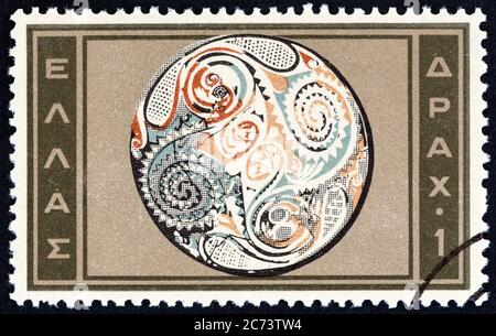 GREECE - CIRCA 1961: A stamp printed in Greece from the 'Minoan Art' issue shows Fruit dish, circa 1961. Stock Photo