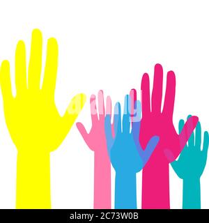 Colorful up hands. Raised hands volunteering. team work concept. Vector ...