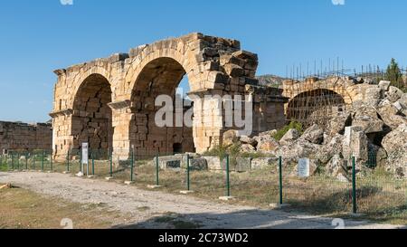 Denizli, Turkey - October 2019: Ruins of ancient city of Hierapolis in Pamukkale Stock Photo