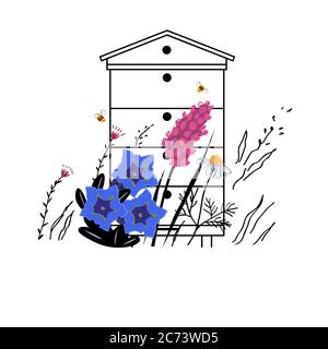 Mountain flowers vector sketch illustration. Alpine meadow honey concept with beehive in summer. Apiary concept. Beautiful flowers and busy bees . Stock Vector