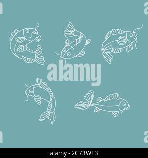 Line art drawing of a carp fish with various swimming pose. Stock Vector