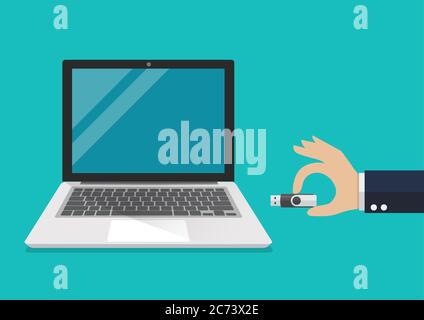 Businessman hand holding usb flash drive to connect a computer laptop. Vector illustration Stock Vector