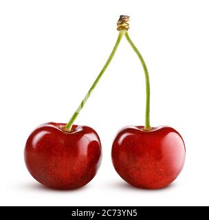 two ripe sweet cherries isolated on white with clipping path Stock Photo