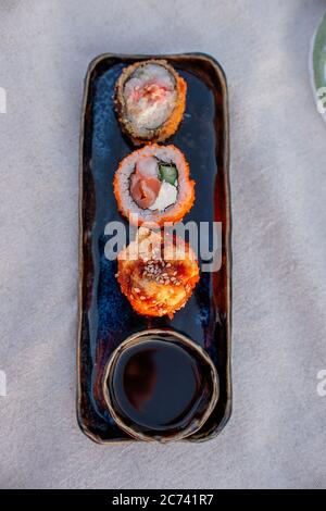 Sushi Set Close Up. Food on Picnic. Healthy food Rolls Stock Photo