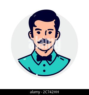 Illustration of a stylish hipster. Vector. Avatar of a man in a bow-tie and with a stylish mustache. Mascot for companies. The image of a client for a Stock Vector