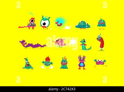 Illustrations of cute, pretty monster characters. Vector. Mascot for companies. Abstract creatures. Characters isolated on a yellow background. Baby c Stock Vector