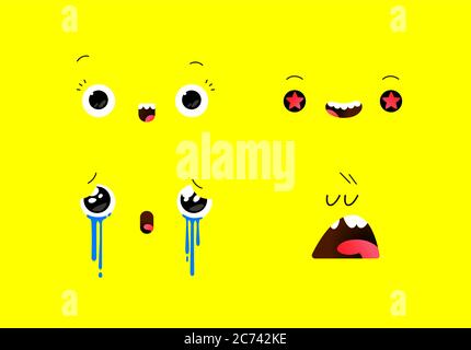 Emoji illustrations in different emotional states. Vector. Emotional face in kawaii style. Big eyes on a yellow fashionable background. Friendly chara Stock Vector