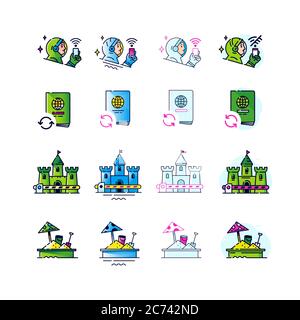 Icons on all sorts of topics in different styles. Vector. Astronaut with a phone catches wifi. Passport abroad. Beautiful medieval castle. Sandbox on Stock Vector