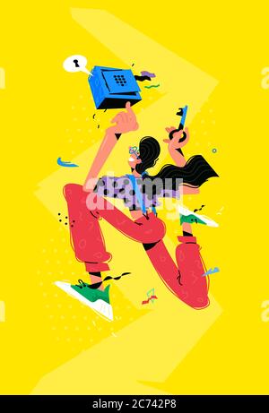 Character illustrations with safe and key. Vector. A metaphor about the preservation of the most valuable in bank cells and safes. Friendly character. Stock Vector