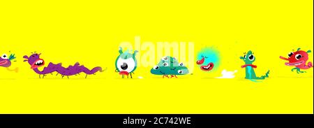 Illustrations of cute, pretty monster characters. Vector. Mascot for companies. Abstract creature. Characters isolated on a yellow background. Baby ca Stock Vector