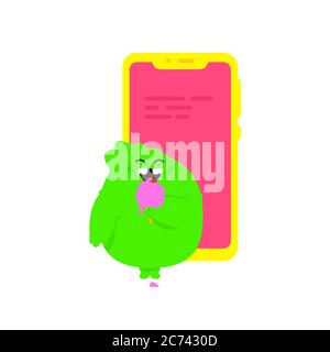 Illustration of a green kawaii monster. Vector. Cute cartoon little dragon with ice cream and telphone. Toy rubber mascot for the company. Character f Stock Vector