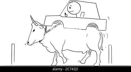 Vector cartoon stick figure drawing conceptual illustration of man driving car carried on back of ox or bull. Concept of ecology, environment or shortage of gas or gasoline. Stock Vector
