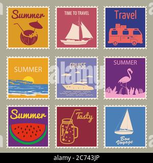 Set Postage stamp summer vacation Sunset Watermelon Jar Yacht Van Sailboat Flamingo. Retro vintage design vector illustration isolated Stock Vector