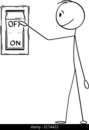 Vector cartoon stick figure drawing conceptual illustration of man or businessman ready to push or press the on off switch button. Stock Vector