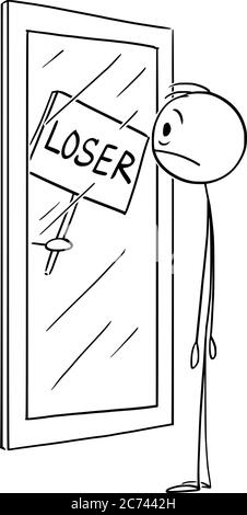 Vector cartoon stick figure drawing conceptual illustration of frustrated man with low confidence or self esteem looking at yourself in mirror with loser sign. Stock Vector