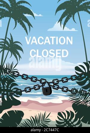 Vacation to closed lock chain. Entrance on the beach is closed. Summertime palms and plants around. Cartoon vector illustration. Summer vacation on Stock Vector