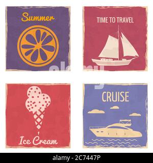 Set Speedboat Sailboat Slice Orange Ice Cream vintage cards poster. Textured grunge effect retro cards with text Cruise Summer Vector illustration Stock Vector
