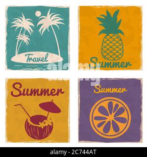 Set Seaside Beach Coconut Cocktail Pineapple Sliced Orange Lemon vintage cards poster. Textured grunge effect retro card with text Travel Summer Stock Vector
