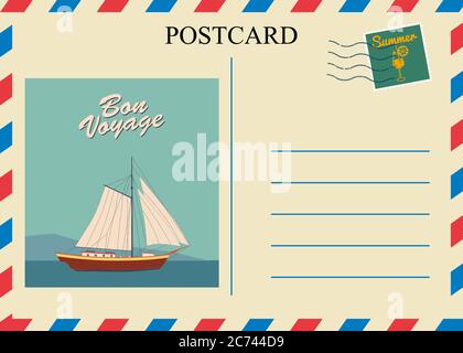 Postacrd summer vintage Sailboat ocean. Vacation travel design card with postage stamp. Vector illustration isolated template Stock Vector