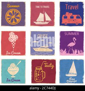 Set Van Camper Mason Jar Sailboat Van Camper Cocktail Flamingo Ice Cream Speedboat Slice Orange vintage cards poster. Textured grunge effect retro Stock Vector