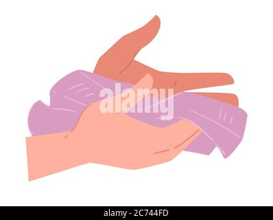 Drying hands with towel, hygiene and body care Stock Vector