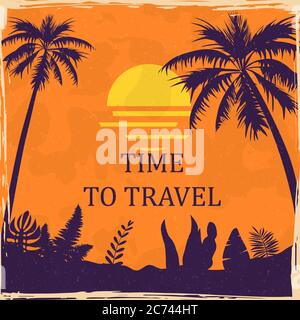 Sunset beach summer tropical vintage poster. Seaside view ocean palms floral. Textured grunge effect retro card with text Time to travel. Vector Stock Vector