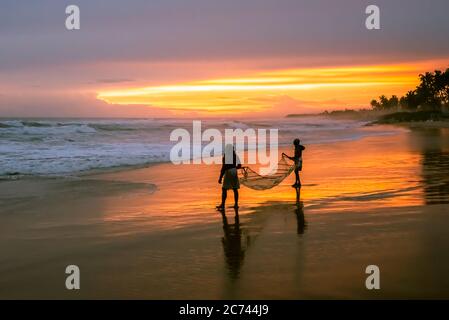 Two Old men using a fish trap - A sunset scene from a beach near Varkala, Kerala, India Stock Photo
