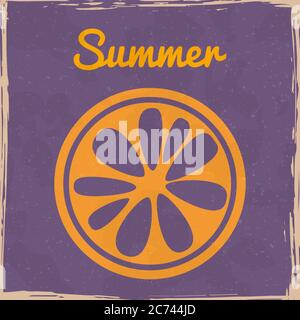 Sliced orange lemon fruits tropical fruit vintage poster. Textured grunge effect retro card with text Summer. Vector illustration background Stock Vector
