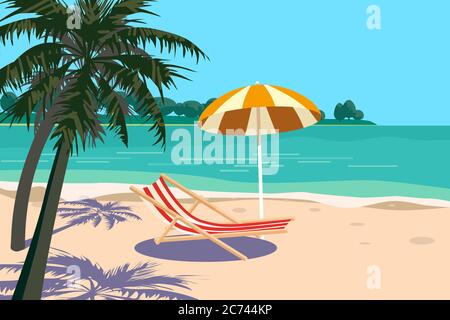 Beautiful tropical landscape seascape, lounge chair, umbrella, banner holiday vacation. Summer beach on sea ocean coast, palms sand surf. Vector Stock Vector