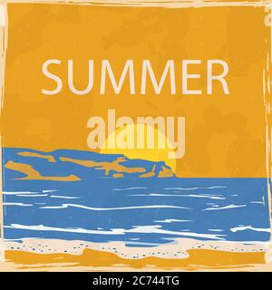 Sunset beach landscape surf summer tropical vintage poster. Seaside view ocean mountains. Textured grunge effect retro card with text Time to travel Stock Vector