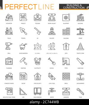 Building and construction thin line web icons set. Home repair tools outline stroke icons design Stock Vector