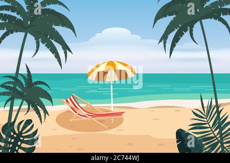 Beautiful tropical landscape seascape, lounge chair, umbrella, banner holiday vacation. Summer beach on sea ocean coast, palms sand surf. Vector Stock Vector